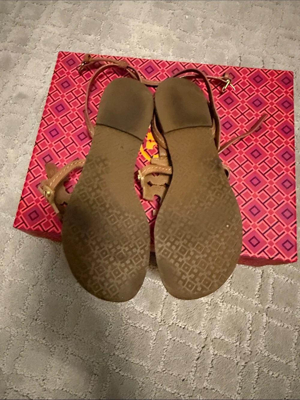 Tory Burch Gold Logo T-Strap Sandals with Tan Straps